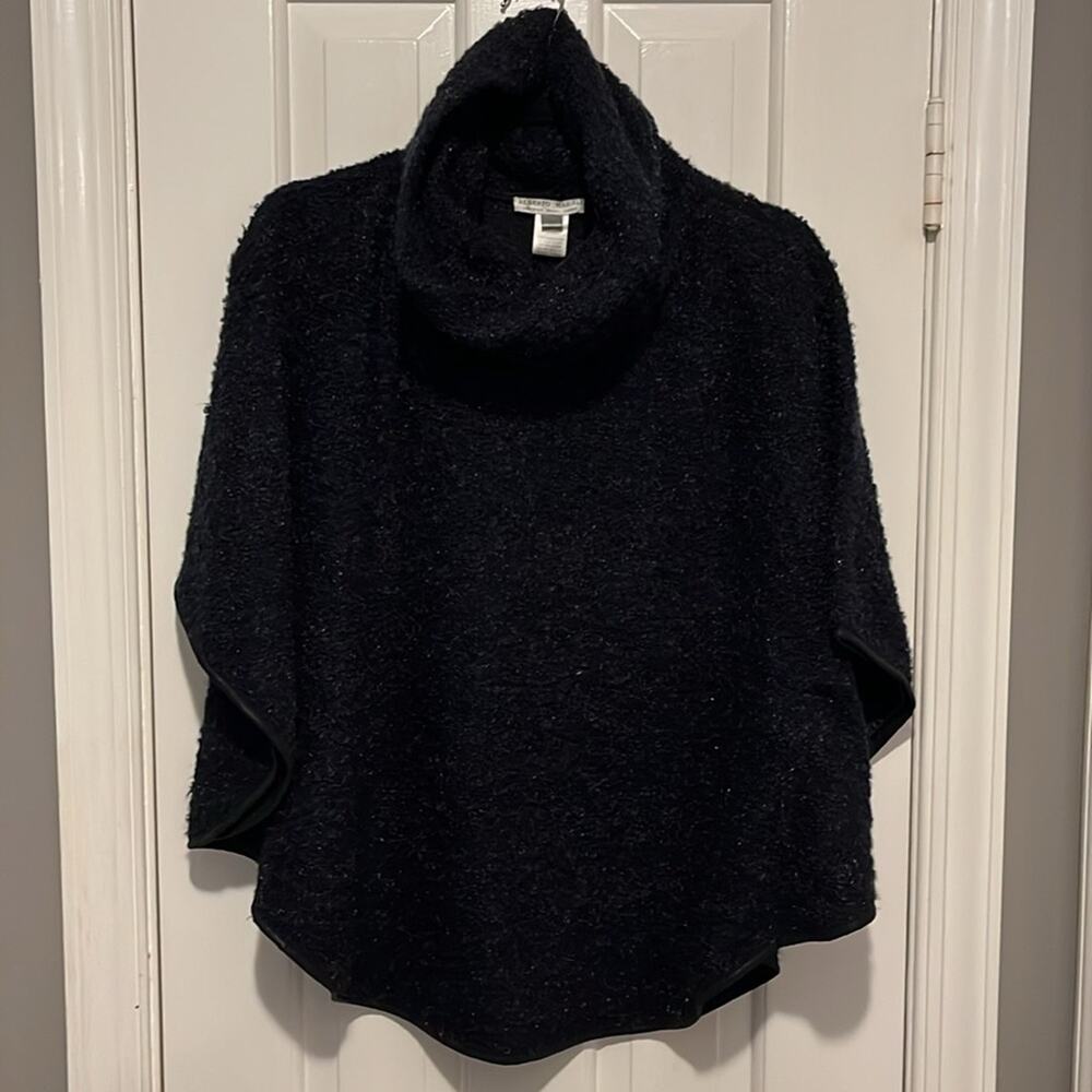VTG Alberto Makali Navy Sparkly Faux Leather Trim Cowl Neck Sweater Poncho Sz L